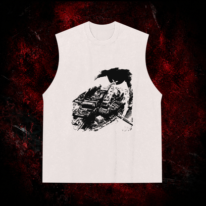 Mothman Point Pleasant Vintage Washed Tank Top in White with black print, front view