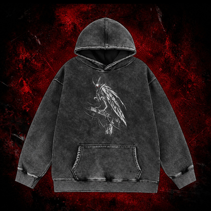 Perched Night Watcher Vintage Washed Hoodie in Black, front view