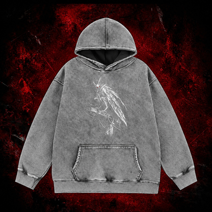 Perched Night Watcher Vintage Washed Hoodie in Gray, front view
