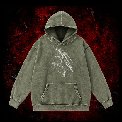 Perched Night Watcher Vintage Washed Hoodie in Green, front view