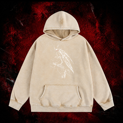Perched Night Watcher Vintage Washed Hoodie in White, front view
