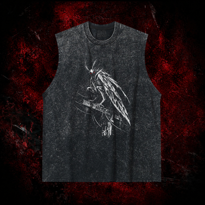 Perched Night Watcher Vintage Washed Tank Top in Black, front view