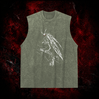 Perched Night Watcher Vintage Washed Tank Top in Green, front view