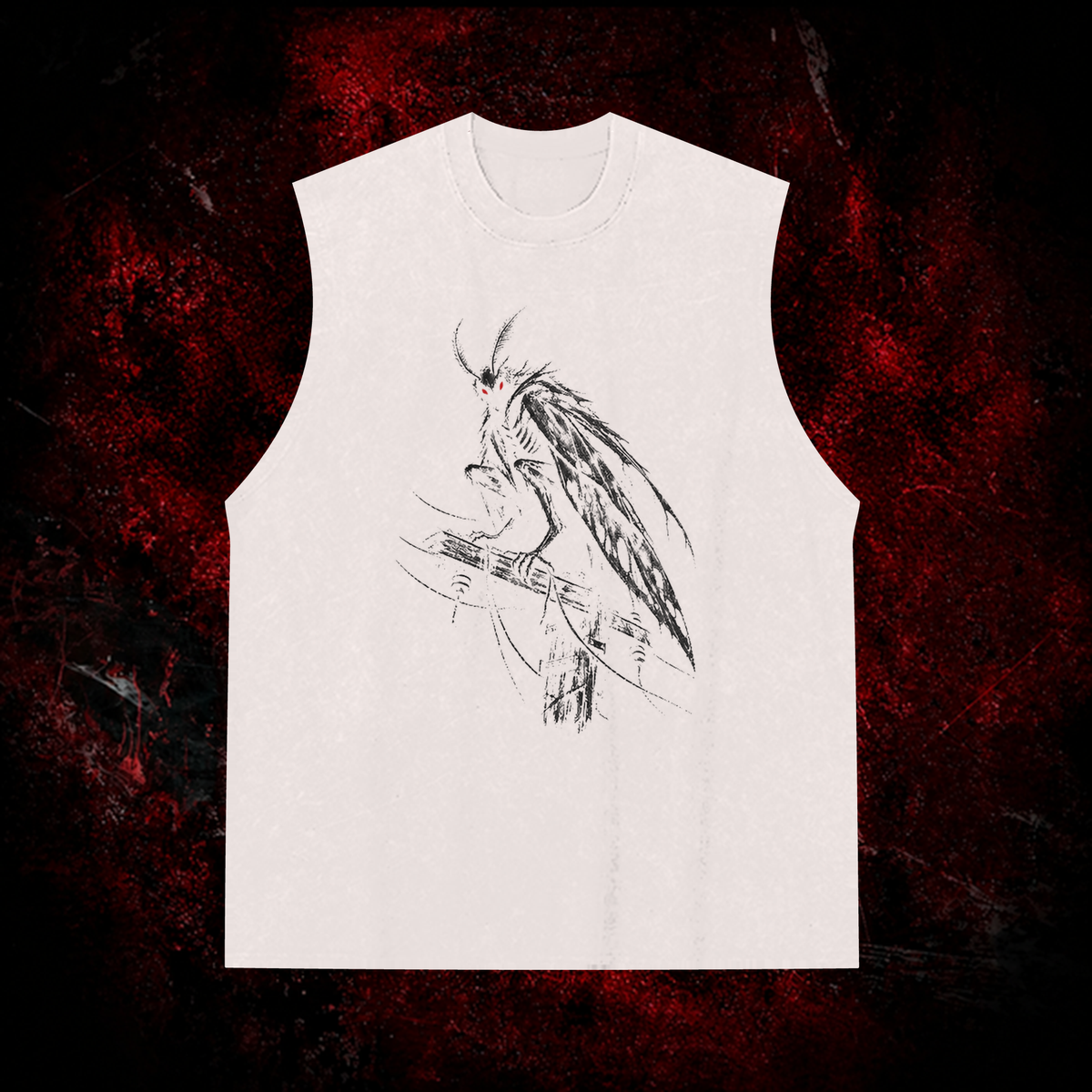 Perched Night Watcher Vintage Washed Tank Top in White with black print, front view