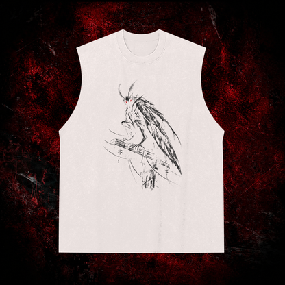 Perched Night Watcher Vintage Washed Tank Top in White with black print, front view