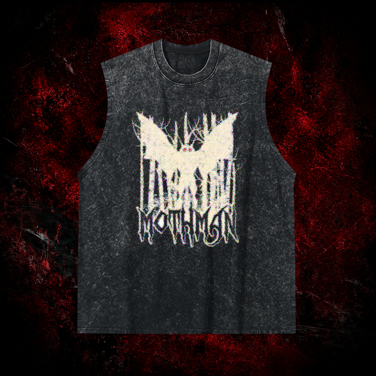 Pixel Mothman Vintage Washed Tank Top in Black, front view