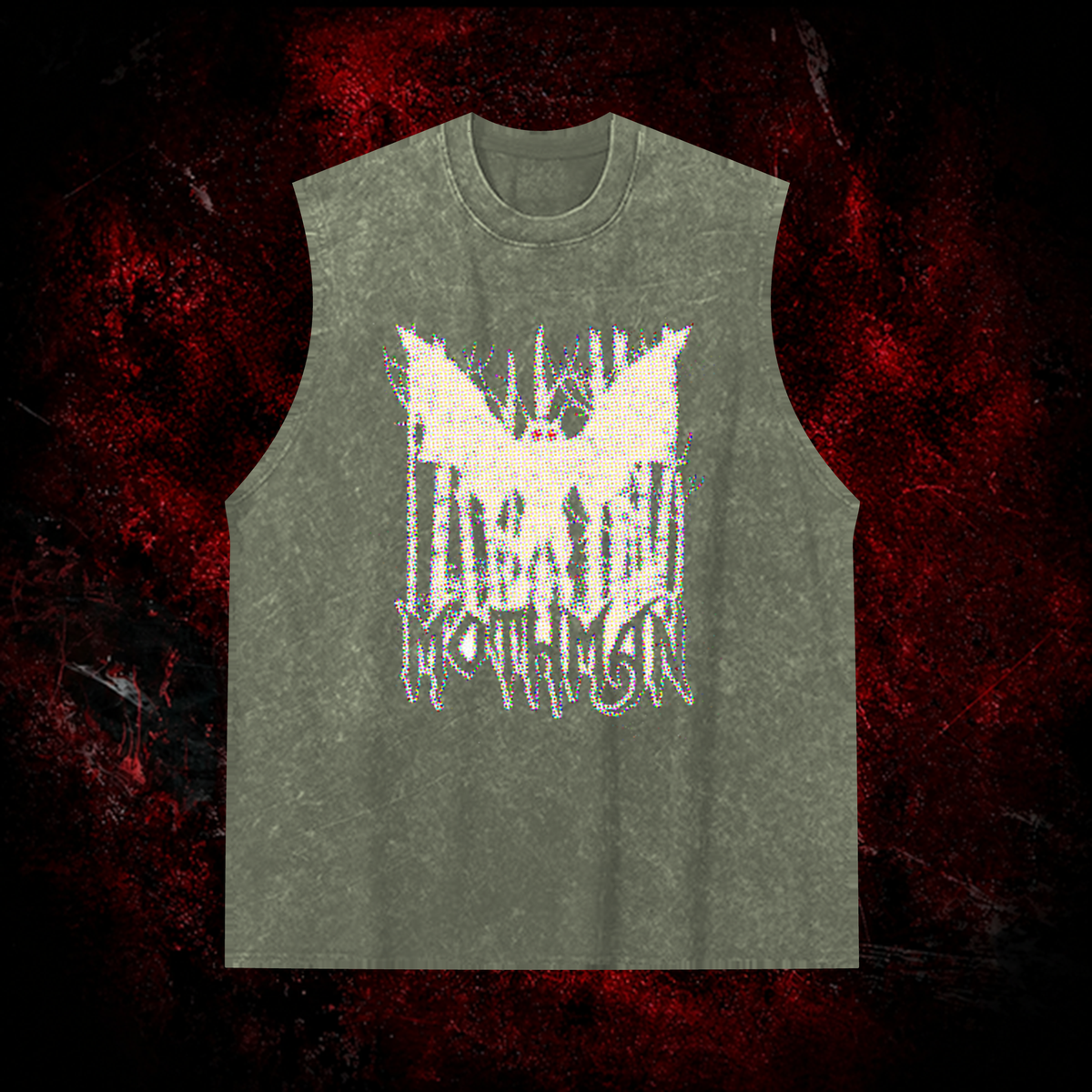 Pixel Mothman Vintage Washed Tank Top in Green, front view