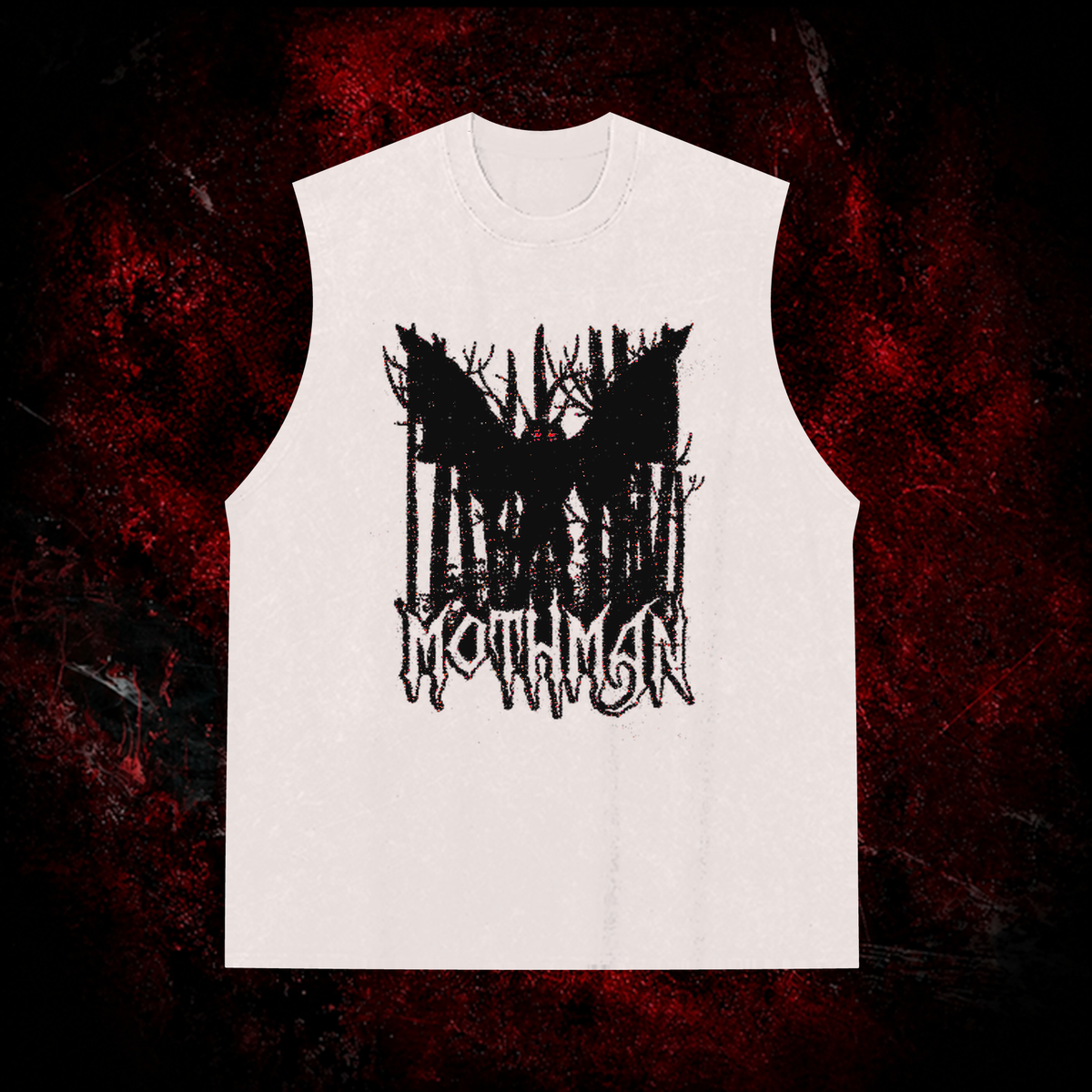 Pixel Mothman Vintage Washed Tank Top in White with black print, front view