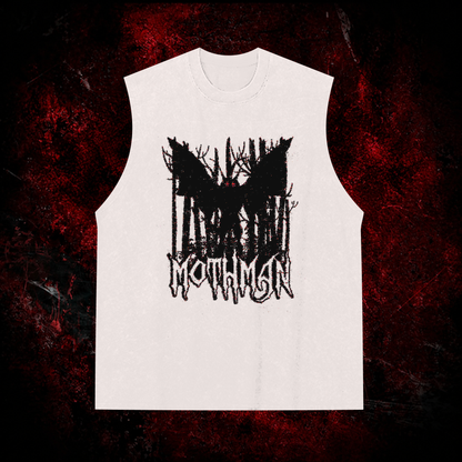 Pixel Mothman Vintage Washed Tank Top in White with black print, front view