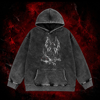 Roadside Winged Omen Vintage Washed Hoodie in Black, front view