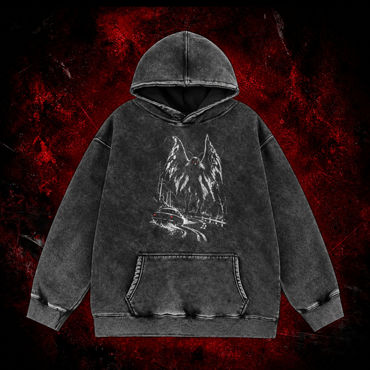 Roadside Winged Omen Vintage Washed Hoodie in Black, front view