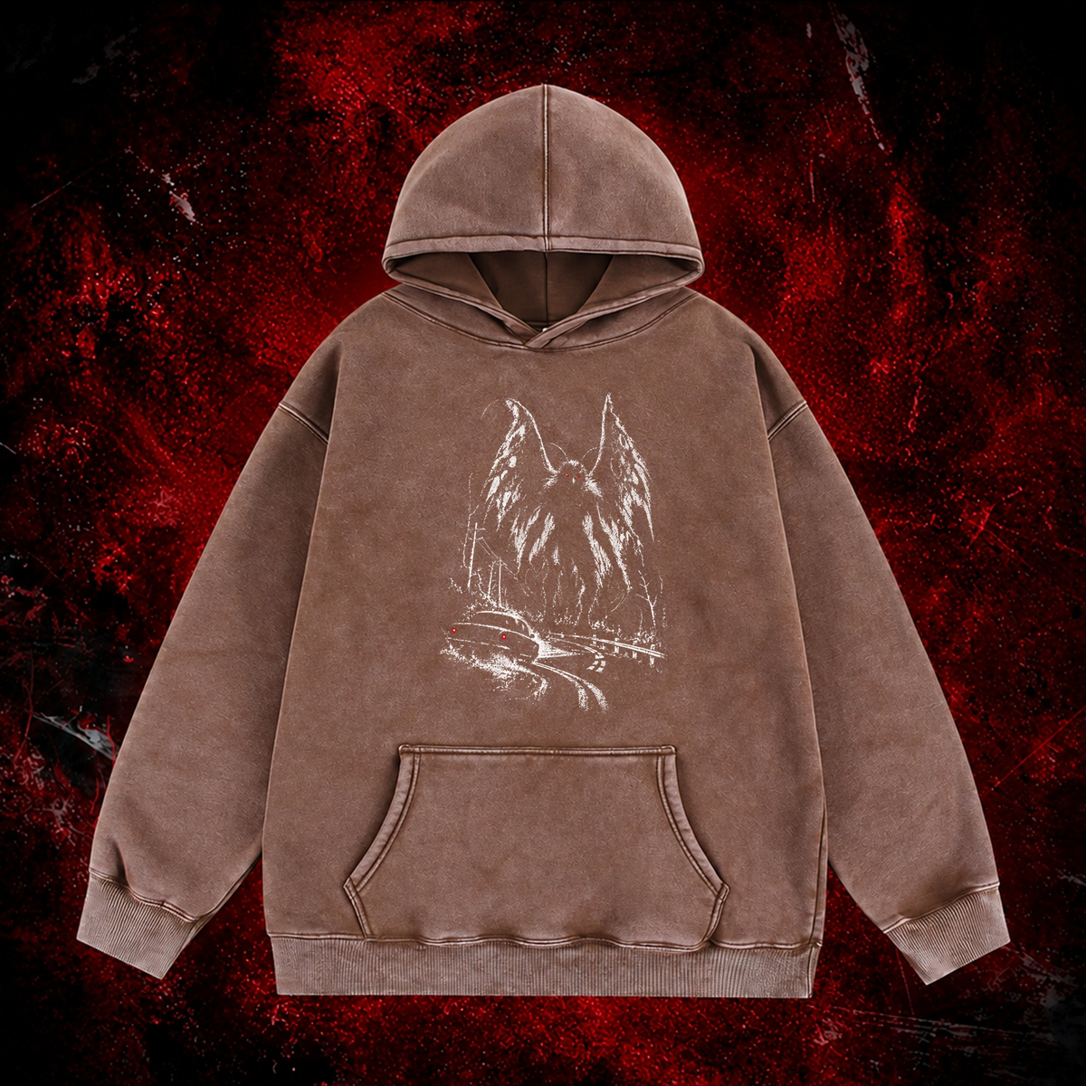 Roadside Winged Omen Vintage Washed Hoodie in Brown, front view