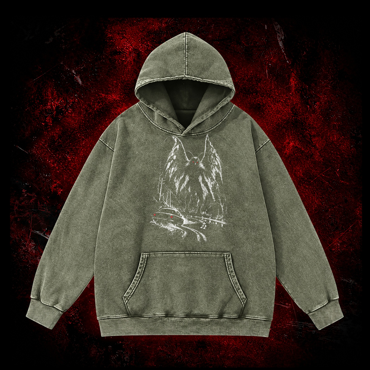 Roadside Winged Omen Vintage Washed Hoodie in Green, front view