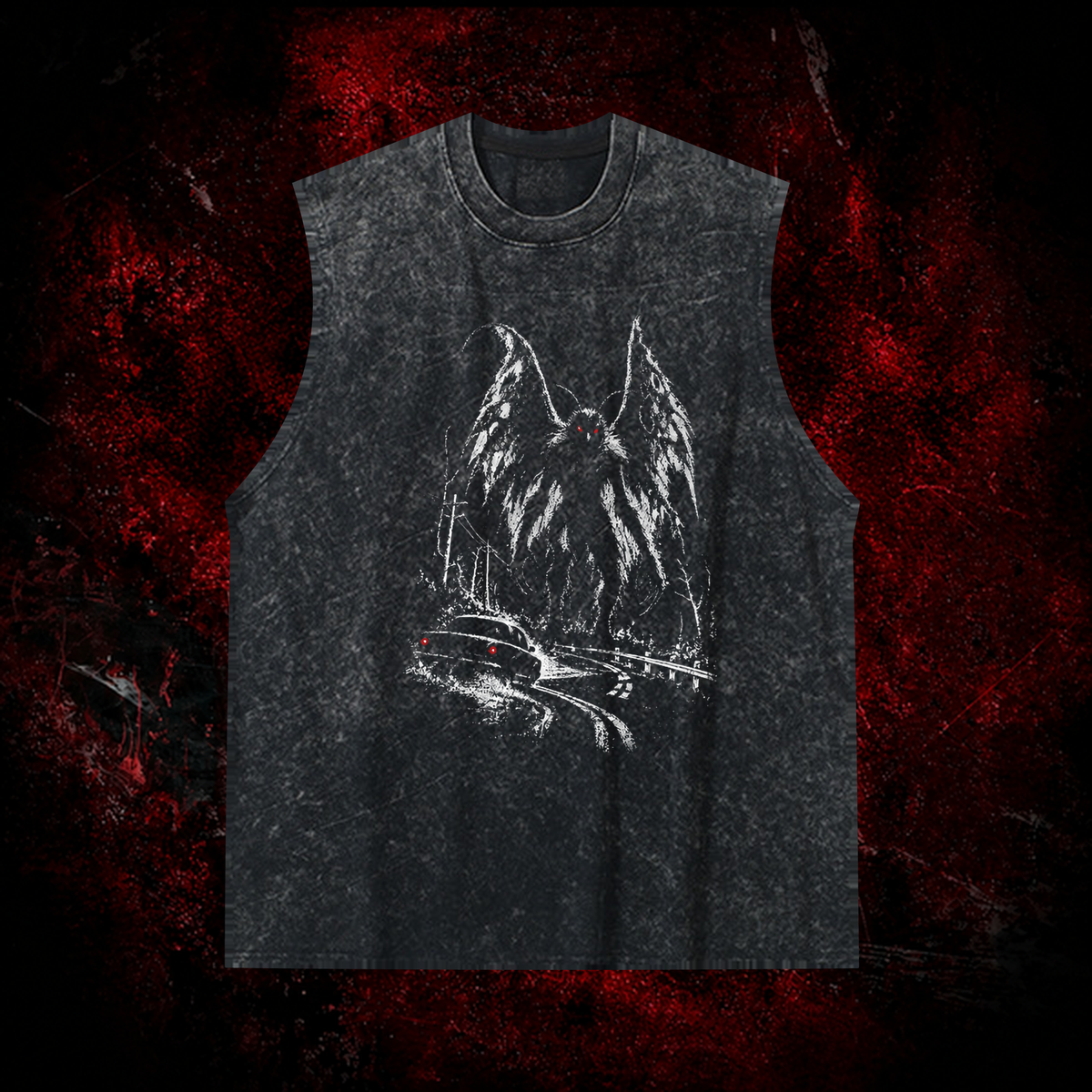 Roadside Winged Omen Vintage Washed Tank Top in Black, front view