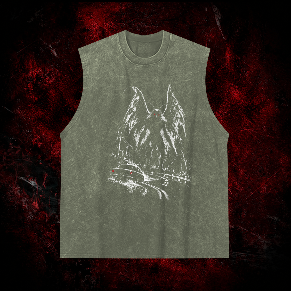 Roadside Winged Omen Vintage Washed Tank Top in Green, front view
