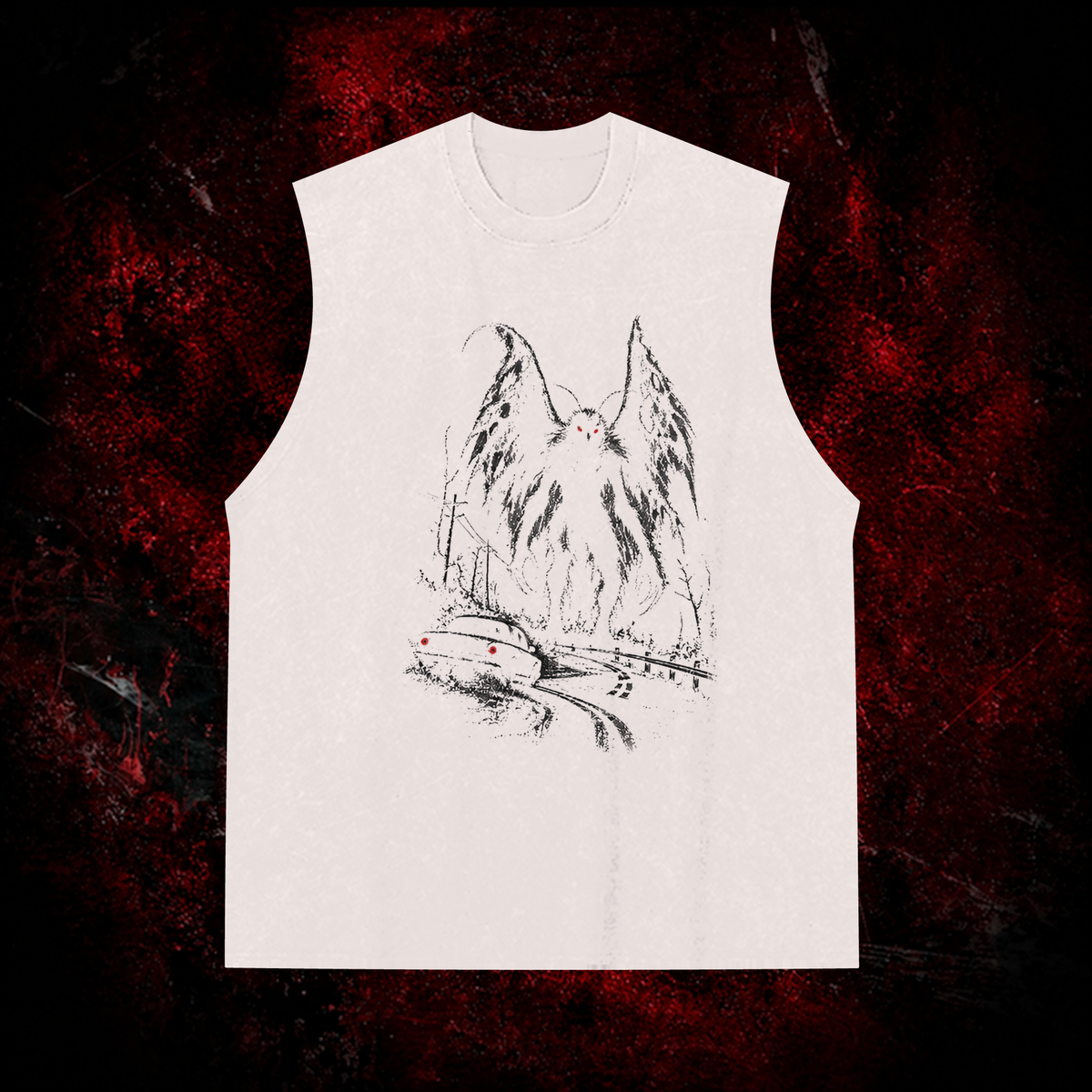 Roadside Winged Omen Vintage Washed Tank Top in White with black print, front view