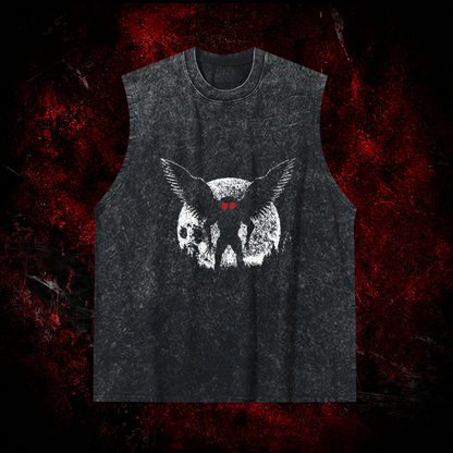 Void Mothman Vintage Washed Tank Top in Black, front view