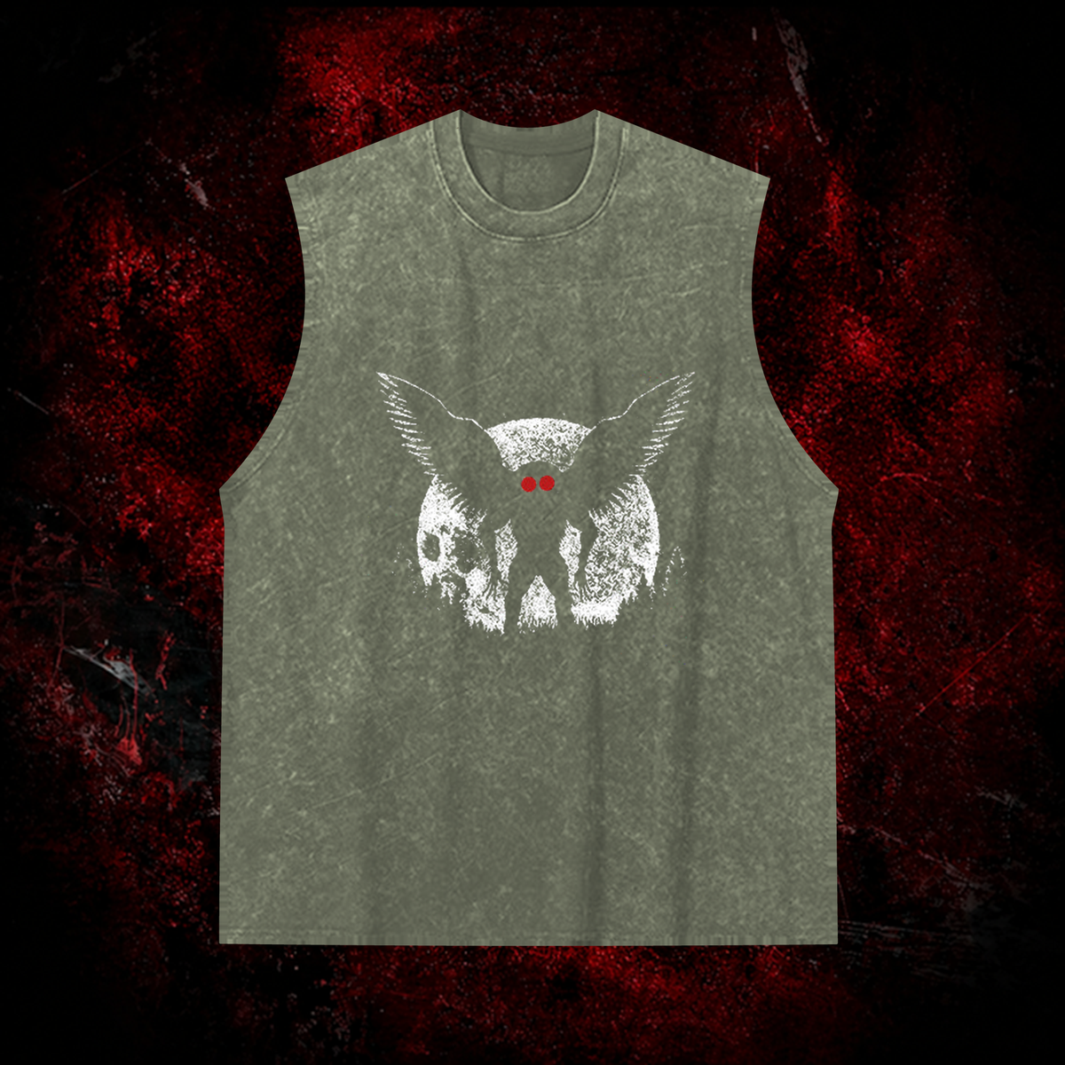 Void Mothman Vintage Washed Tank Top in Green, front view