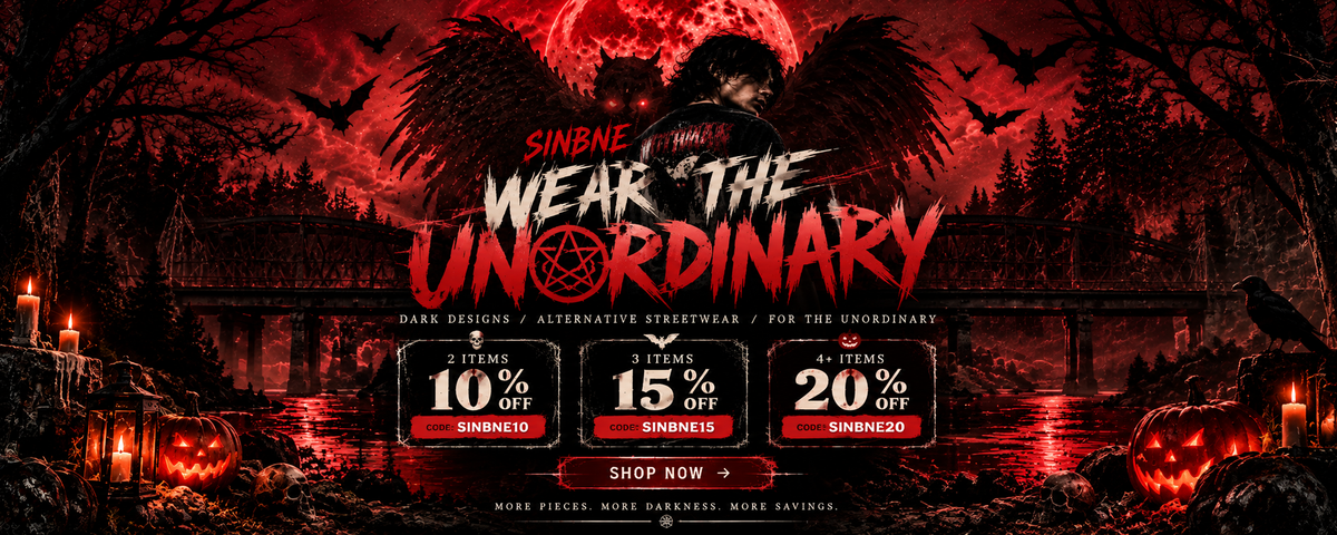 SINBNE Wear the Unordinary — Mothman Gothic Death Metal washed T-shirt against a red moon